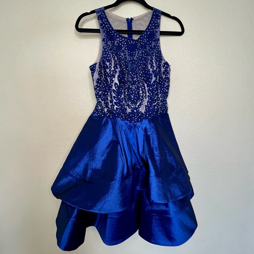 Blondie Nites Royal Blue Dress w/ Layered Skirt and Embellished Floral Detail